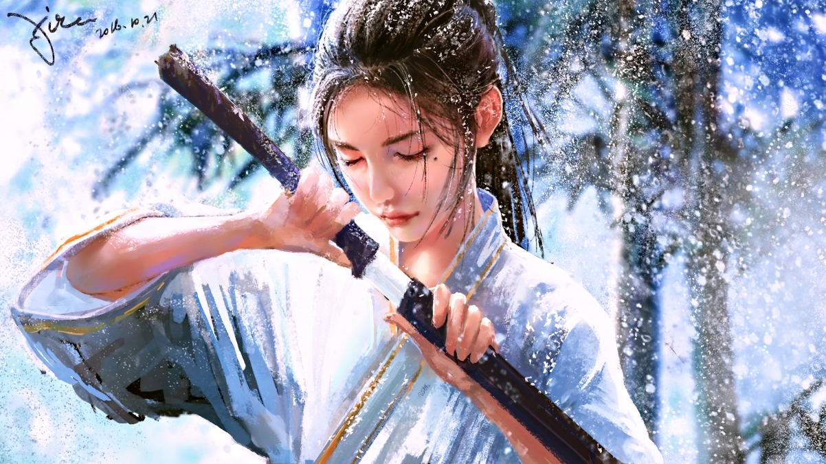 女孩武士持剑踏雪，绝美4K动漫壁纸高清下载（3840x2160）