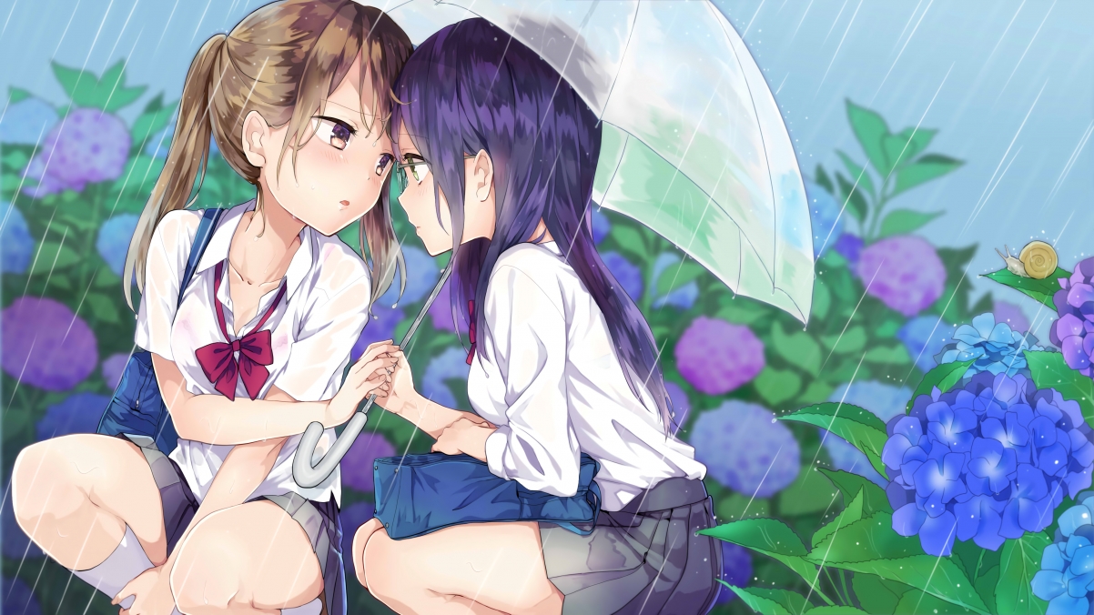 雨天双姝，可爱女学生4K动漫壁纸，高清3840x2160，免费下载！