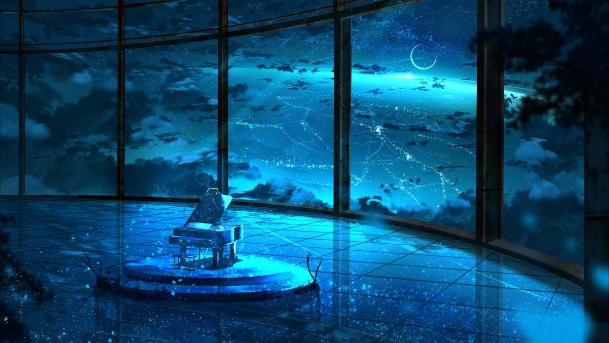 月影星空钢琴曲，绝美风景4K动漫壁纸，高清3840x2160下载，透过玻璃邂逅宇宙之美