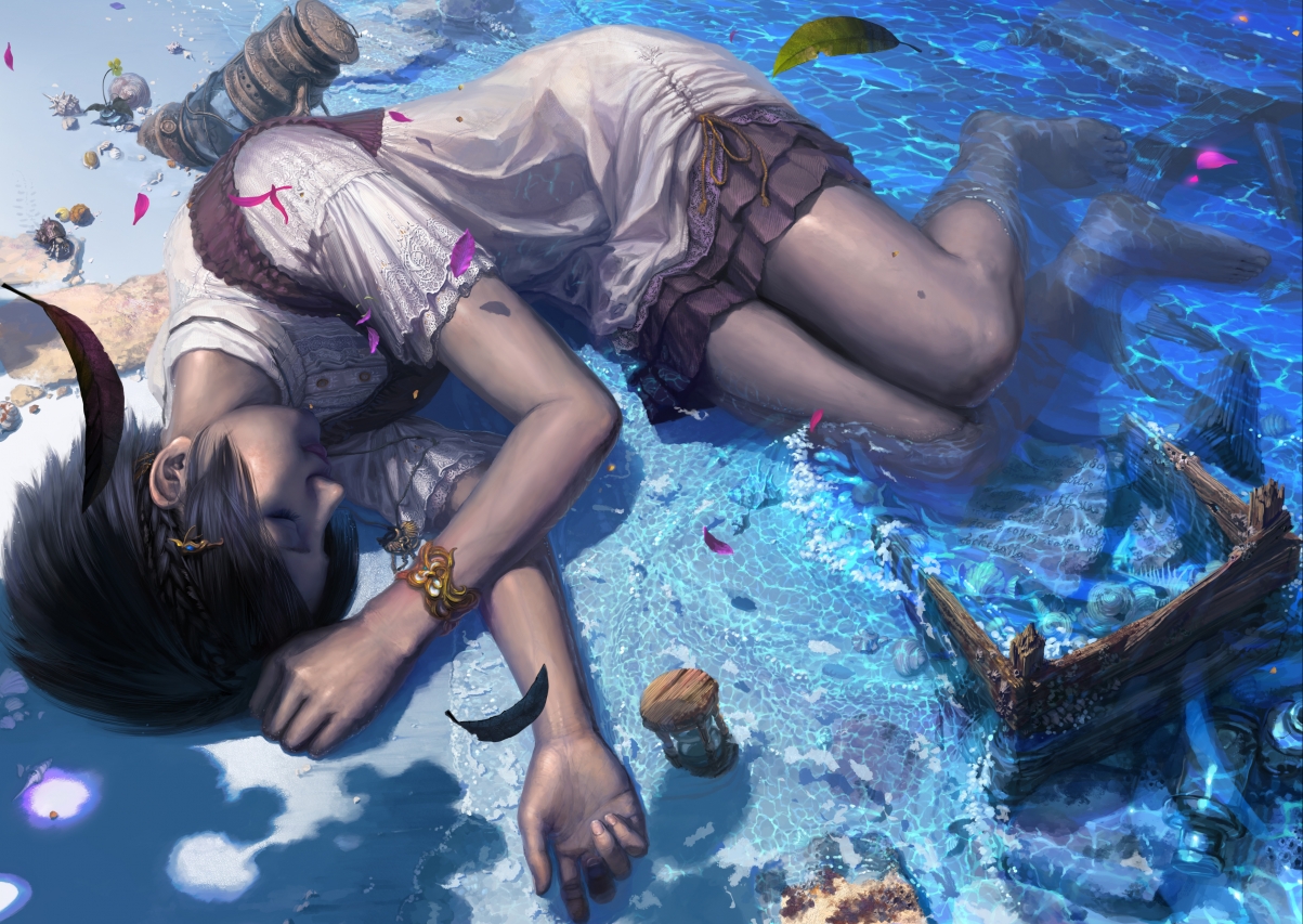 涟漪摇篮曲，海滩女生动漫4K壁纸，超清3486x2473，一键下载