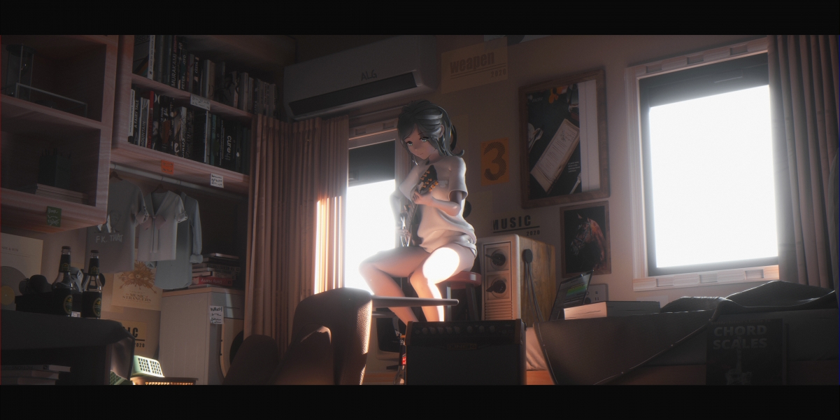 高清4K动漫壁纸，独享空间，女孩弹吉它，精美4320x2160壁纸下载