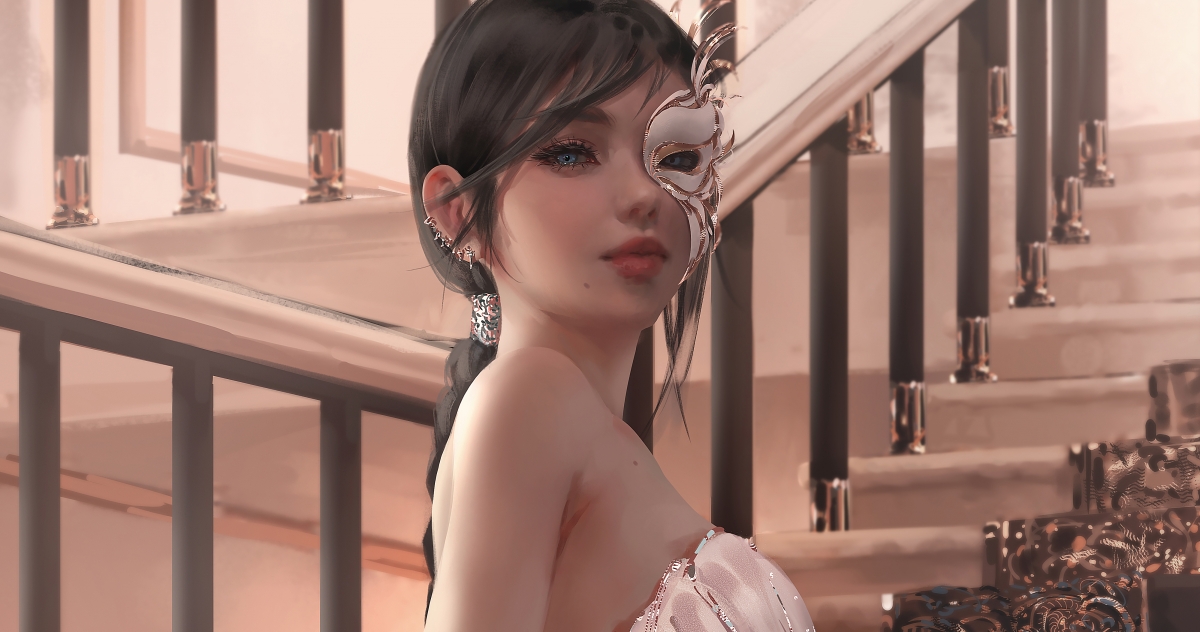 美女面具长辫，肩膀之韵，房子大厅之景，4K厚涂动漫壁纸高清下载