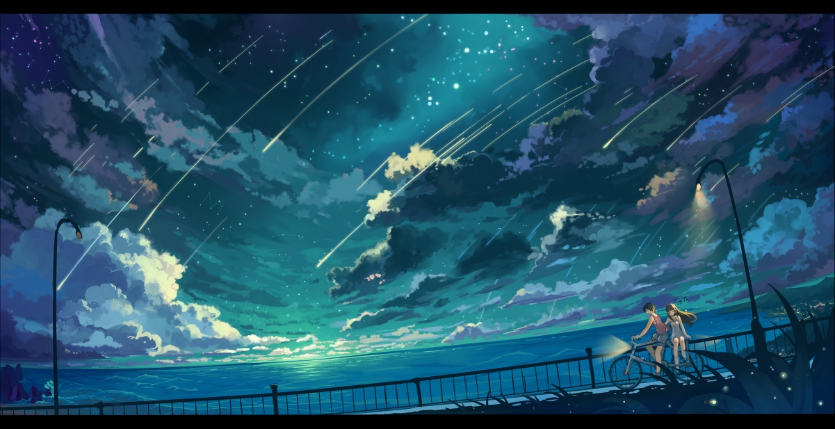 4K动漫壁纸精选，自行车疾驰天空下，云海与海洋相映，星光璀璨，少男少女动漫风，超清3500x1800下载