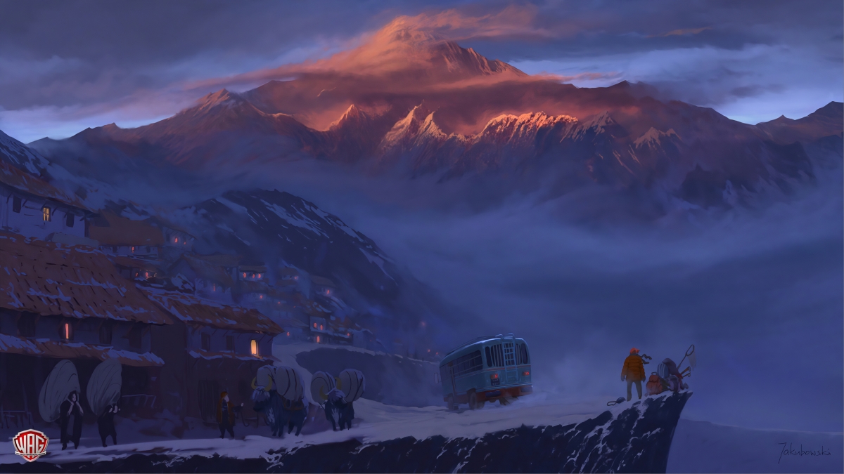山脉村落风光，客车穿行其中，绝美4K绘画壁纸与动漫高清图，4800x2700超高清下载