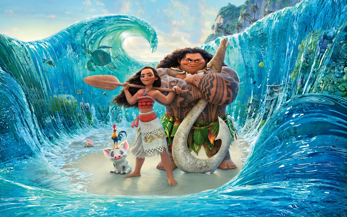 海洋奇缘4K动漫壁纸，莫阿娜与毛伊共舞海浪，高清3840x2400图片下载
