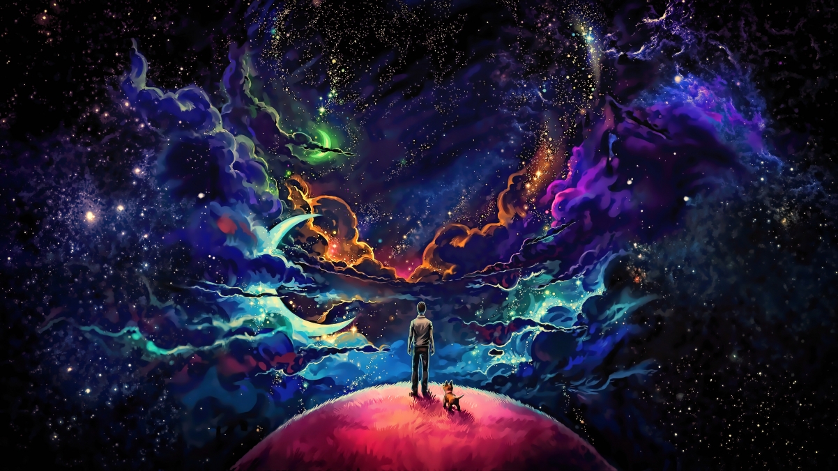 幻想艺术之美，深邃星空下，人犬相伴，4K唯美壁纸精选，高清下载