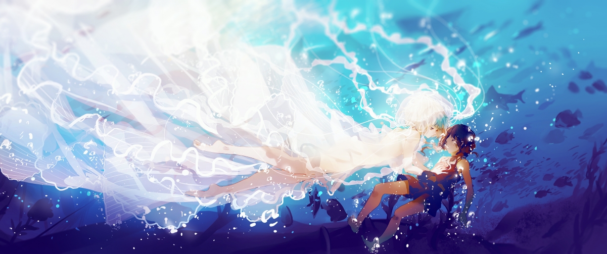 海底幻境，白裙少女与鱼共舞，超高清4K动漫壁纸（3440x1440）下载