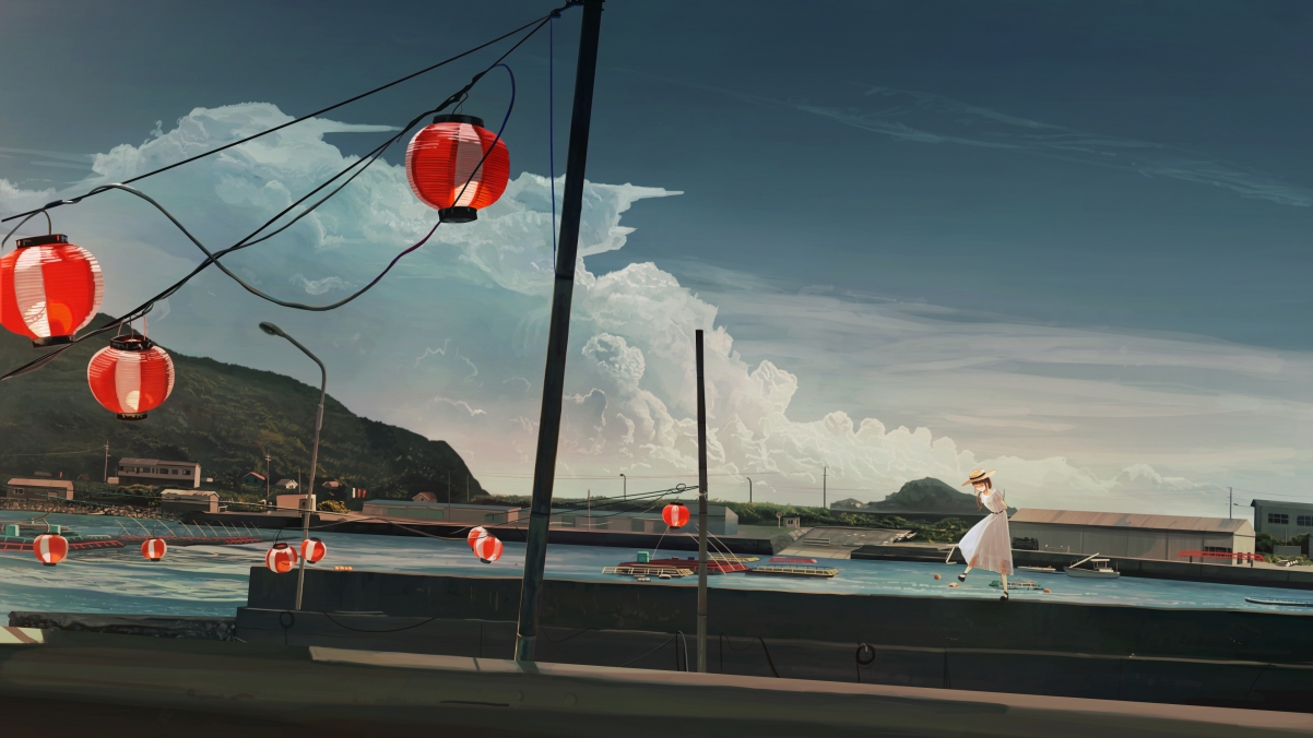 少女夏日聆听黄昏，绝美插画4K动漫壁纸，高清3840x2160免费下载