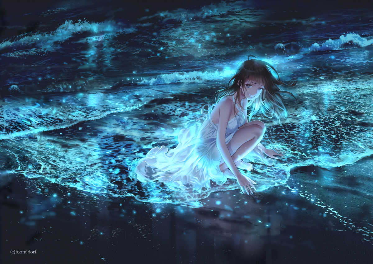 女孩微笑蹲水岸，夜风波浪漫海滩——4K高清动漫壁纸下载（4000x2829）