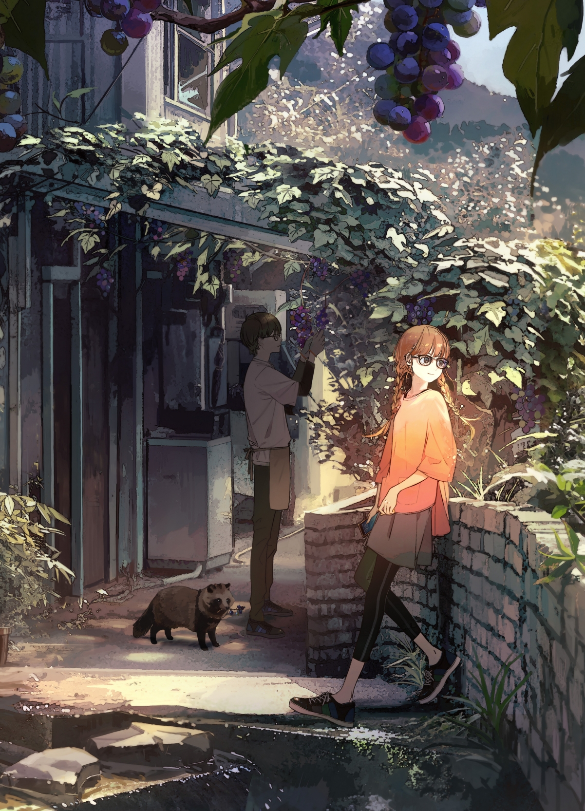 女生男生共赏，葡萄庭院与小浣熊竖屏4K手机壁纸，高清下载，2950x4090绝美画质
