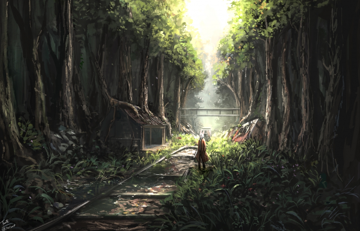 遗弃小站静谧草场，兔跃火车间，深林无垠——TomTC原创4K高清动漫壁纸下载