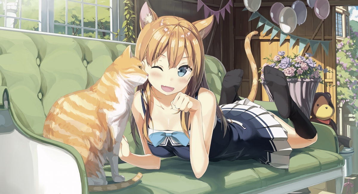 蓝眼金发萌猫娘，4K超清壁纸，动物耳尾与黑丝诱惑，高清下载