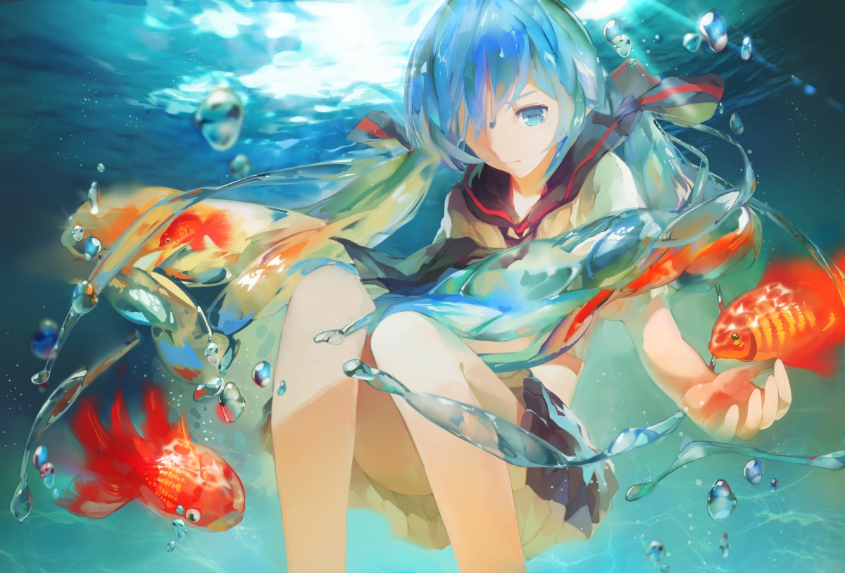 VOCALOID初音未来，水下金鱼唯美动漫壁纸，4K高清3508x2380，免费下载