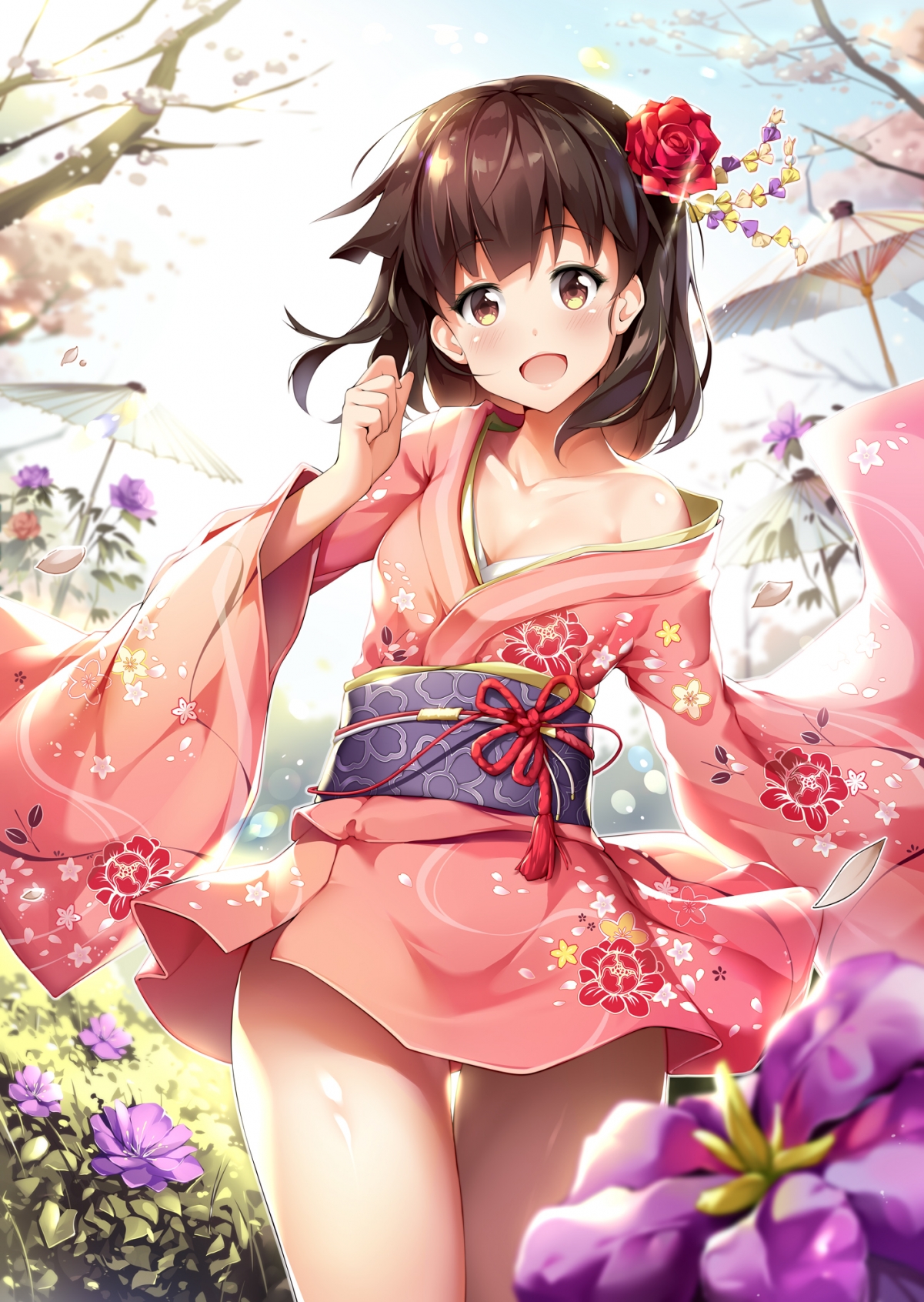 花和服女生插画手机壁纸，高清4K大图，1420x2000像素，免费下载