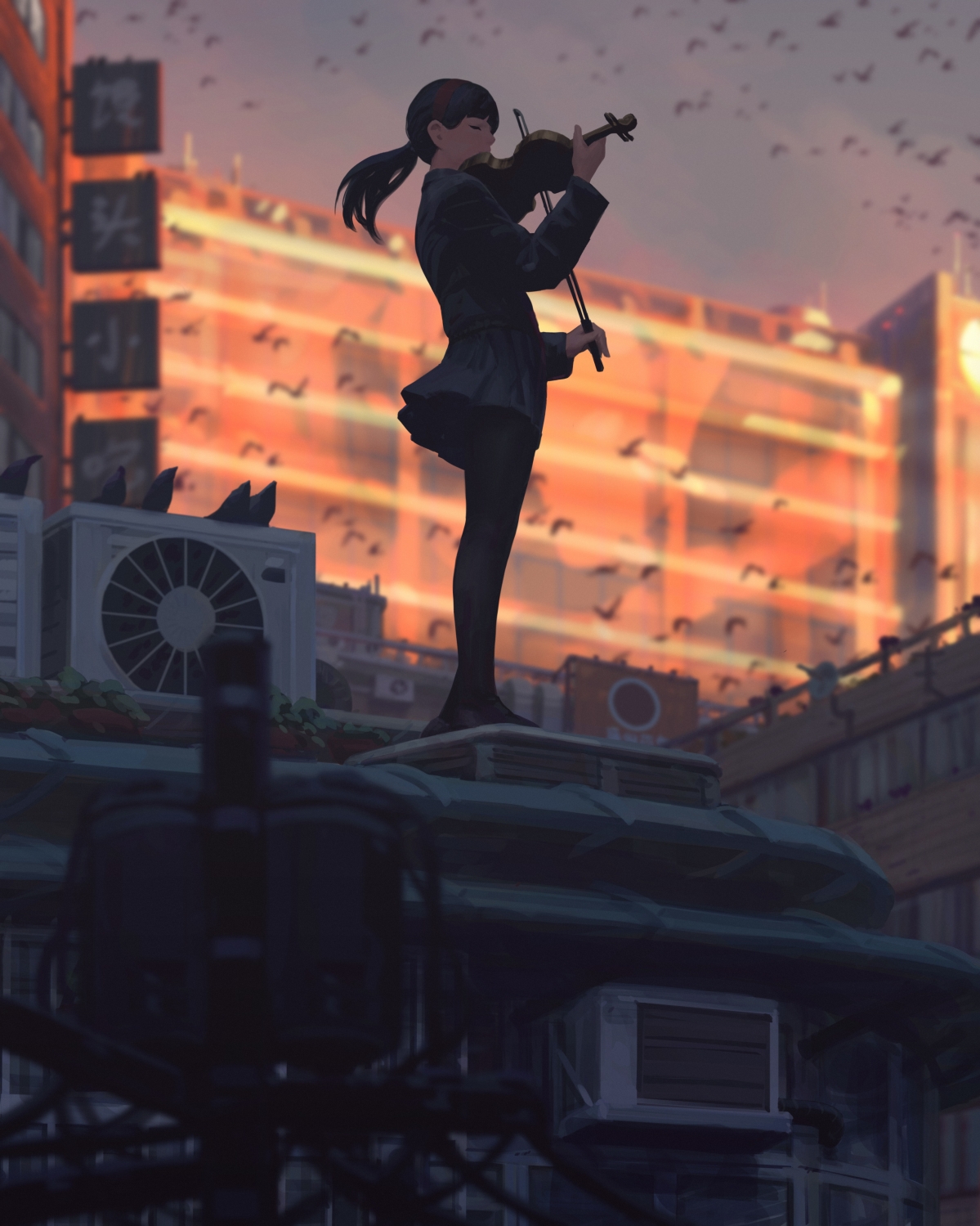 女学生马尾闭眼站立，黑色校服连裤袜，音乐小提琴相伴，竖屏动漫4K手机壁纸高清下载