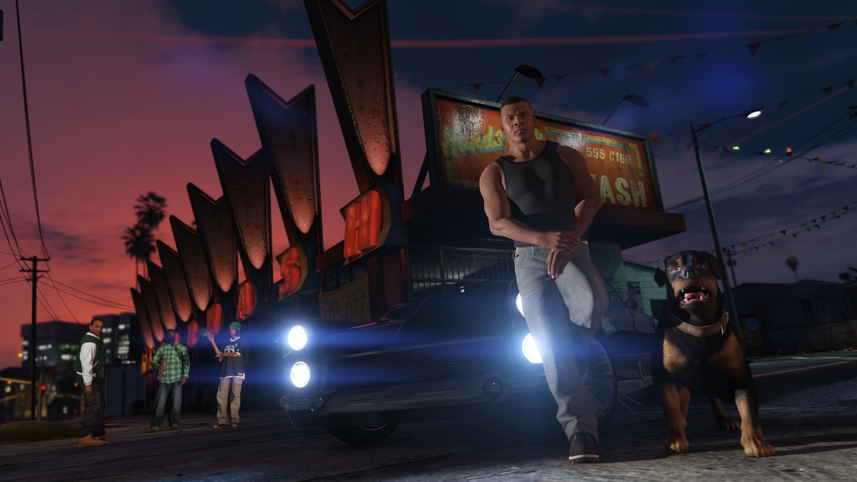 富兰克林·洛斯桑托斯夜遇萌犬，GTA5侠盗猎车5震撼4K壁纸，超清3840x2160游戏图片下载