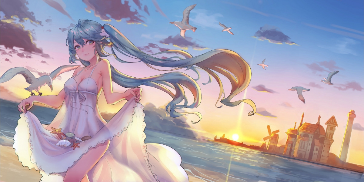 初音未来4K动漫壁纸，美少女女孩与绚烂晚霞，高清4319x2160下载