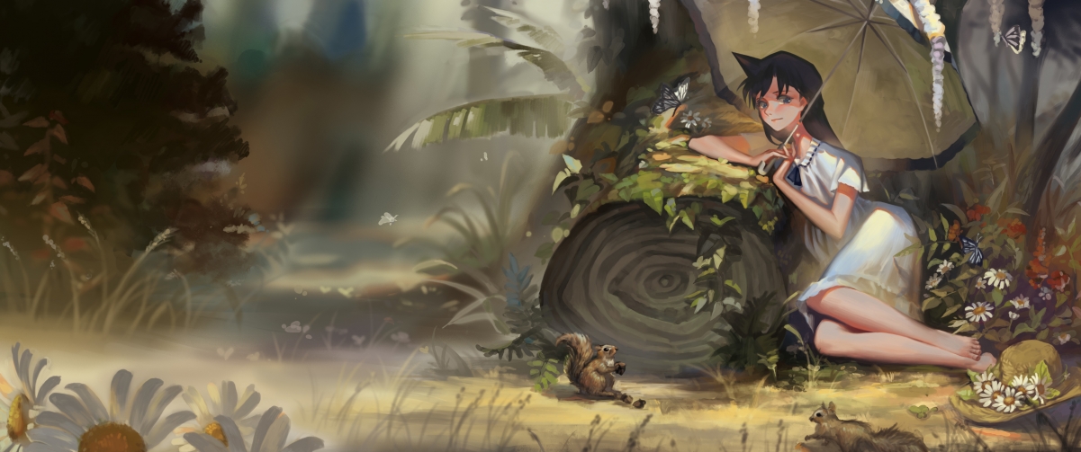 森林奇遇，毛利兰与松鼠女孩的动漫4K高清壁纸，3440x1440下载