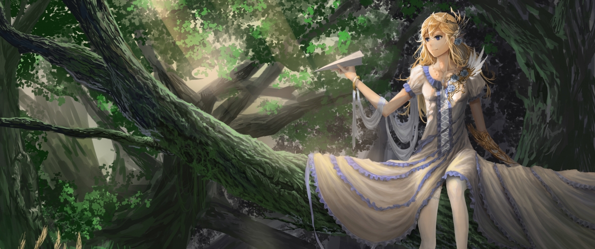 女孩与纸飞机，森林大树下的梦幻4K动漫壁纸，高清3440x1440下载