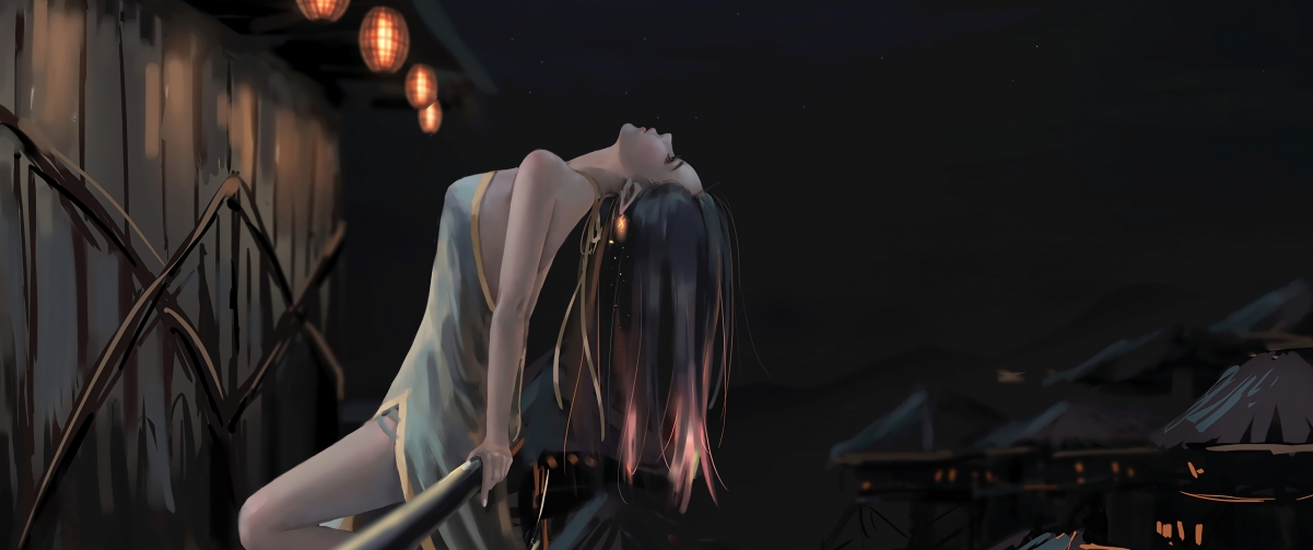 仰望星空，长发旗袍动漫美女4K高清壁纸，夜晚星光璀璨之美