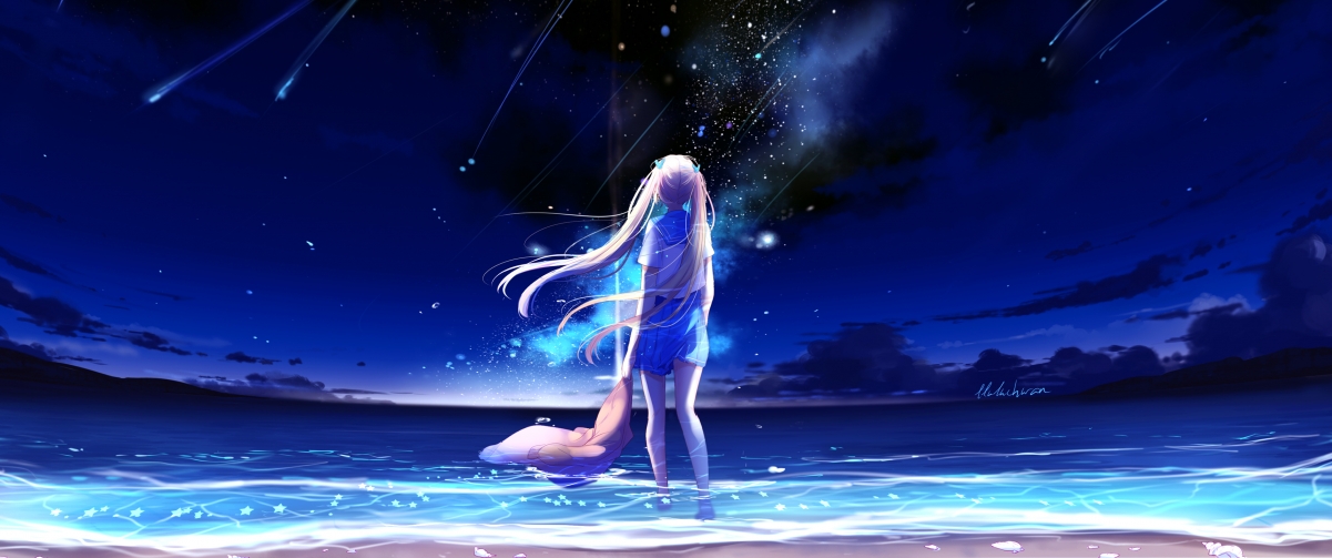 蓝色夜空流星梦幻，女孩倩影唯美动人，4K高清动漫壁纸免费下载
