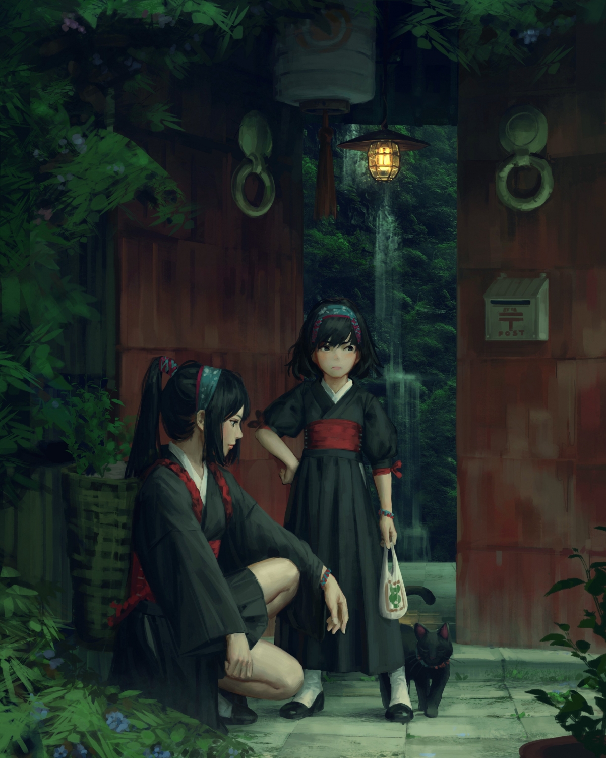 日本动漫女孩4K手机壁纸，黑眸短发马尾，庭院瀑布美景，高清3276x4096下载