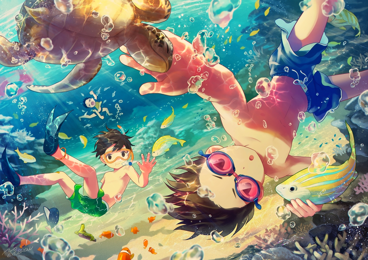 海底奇趣，男孩与海龟共舞，超清4K动漫壁纸，高清4800x3392下载