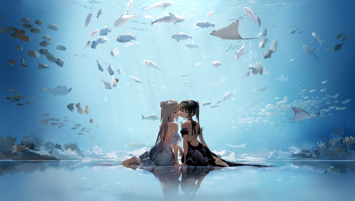 两个女孩畅游水族馆，素足倩影，绝美4K动漫壁纸，高清大图下载
