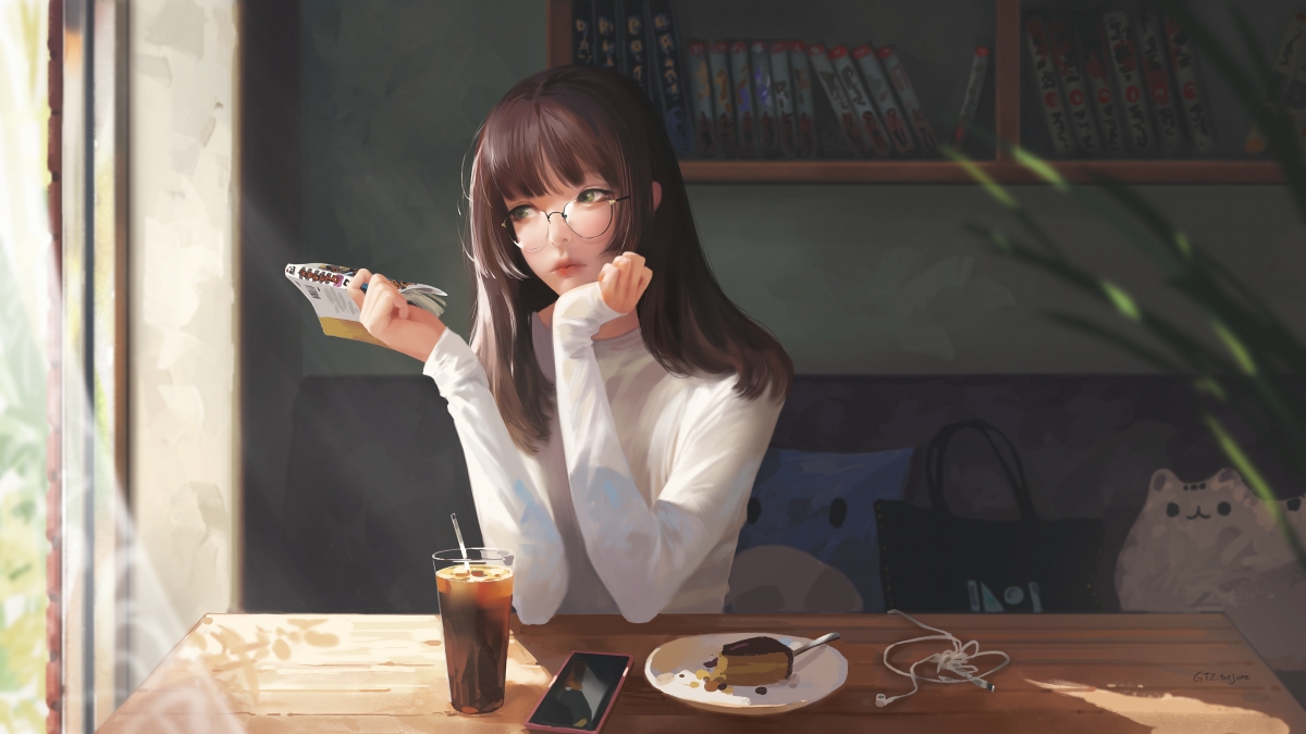 咖啡馆中的少女，绝美4K高清动漫壁纸，超清4444x2500，一键下载