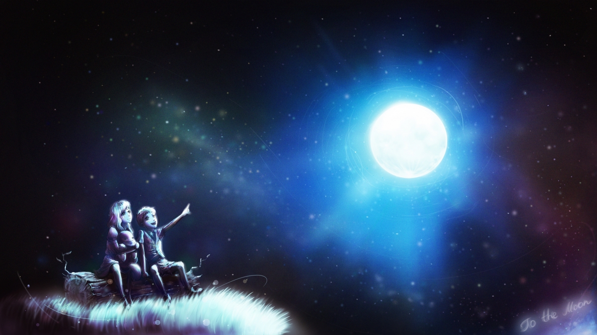 夜之幻境，星空下，女孩与男孩共赏明月，绝美4K动漫壁纸免费下载（3840x2160）