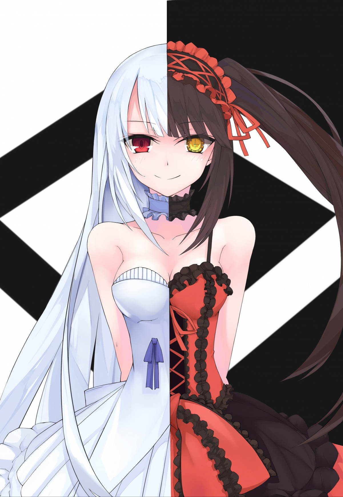 时崎狂三与迷之少女，高清竖屏4K手机壁纸，约会大作战主题，2762x4000像素免费下载
