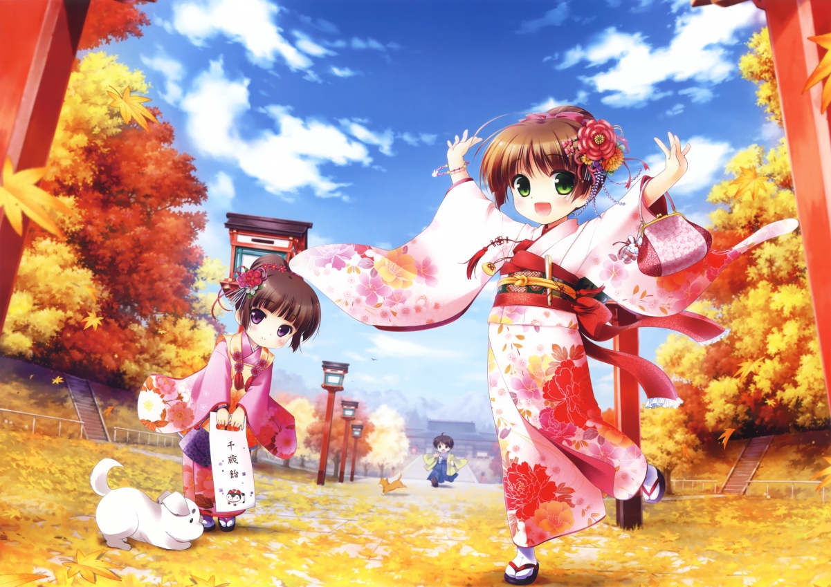 萌少女和服小狗，枫叶飘舞4K高清动漫壁纸，超清4603x3252下载