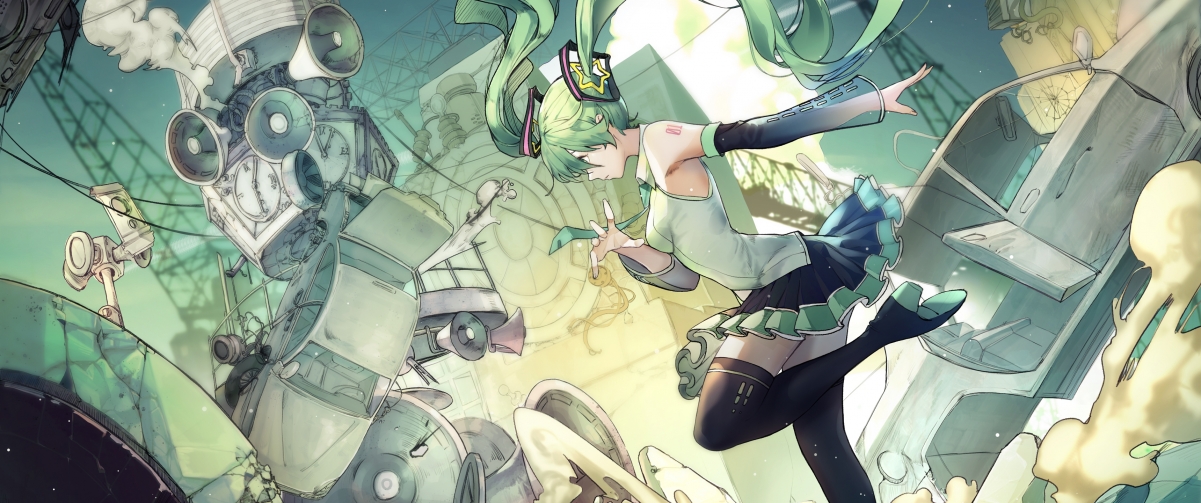 初音未来动漫壁纸，绿发迷你裙黑丝版，4K高清3440x1440下载