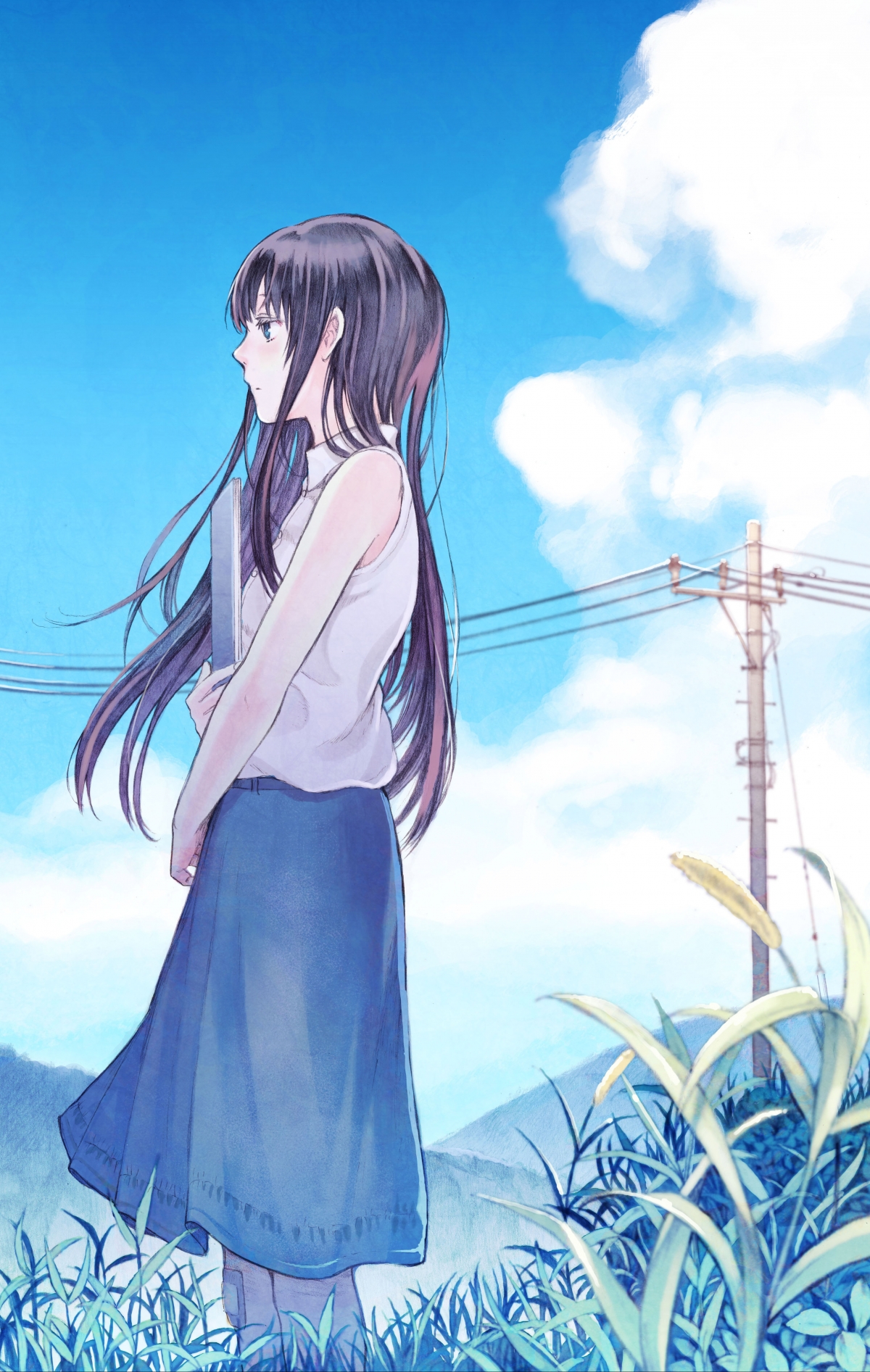 天空下的电线杆与长发女生，绝美5K壁纸，4K高清大图，3316x5229尺寸，一键下载！