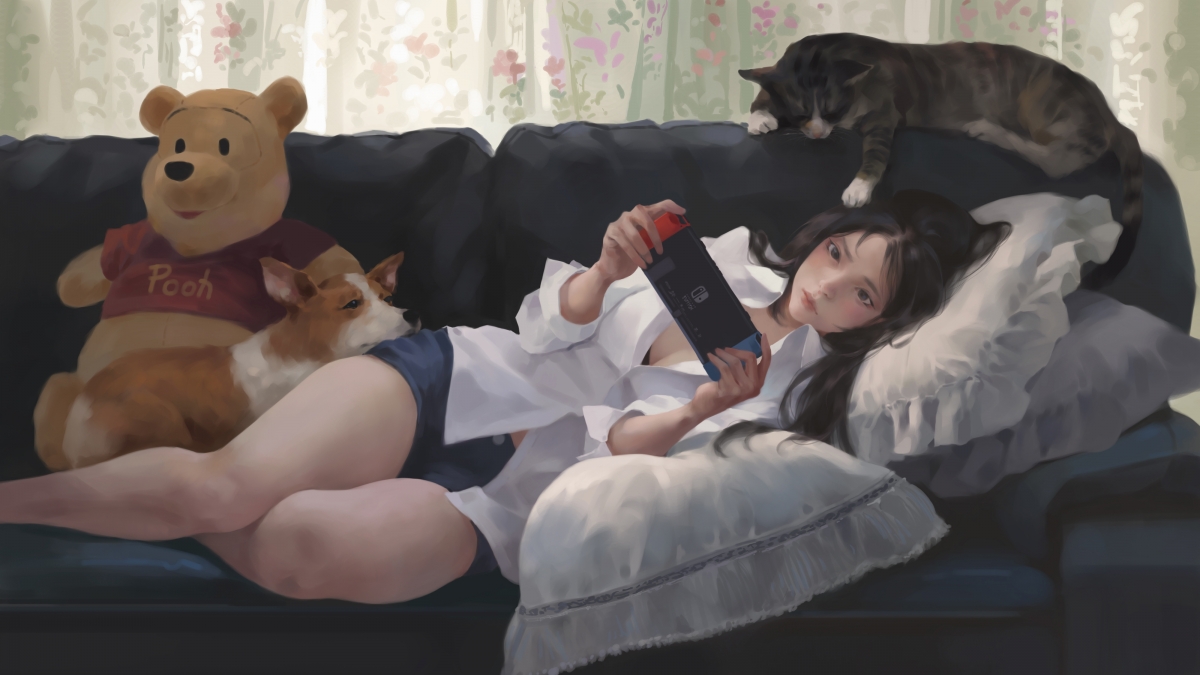 女孩与萌宠共融，4K超清动漫壁纸，小熊维尼主题，高清大图下载