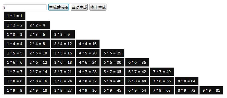 原生js自动生成99乘法表样式代码