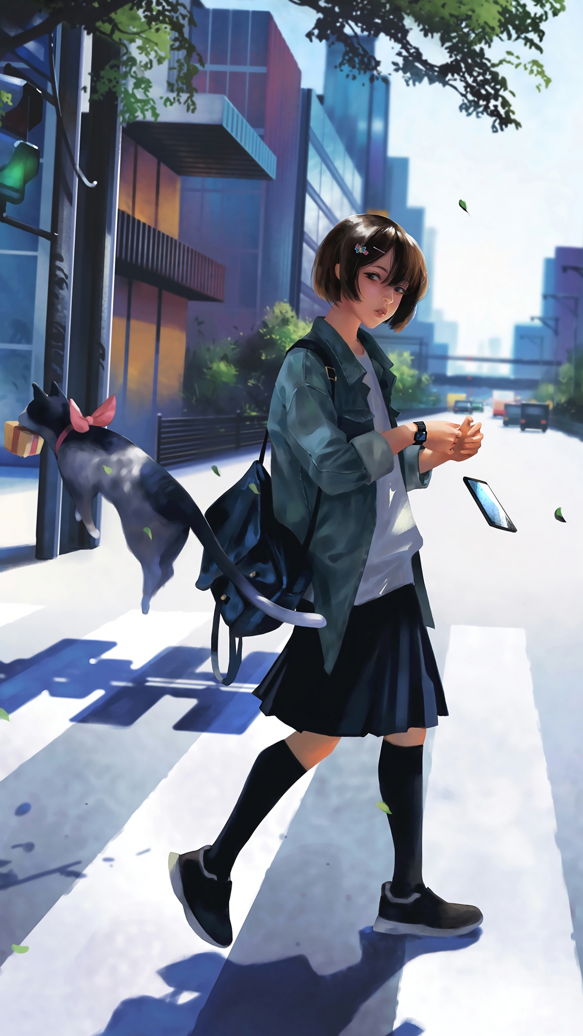 女学生人行横道瞬间，萌猫相伴，4K竖屏动漫壁纸，高清2160x3840下载