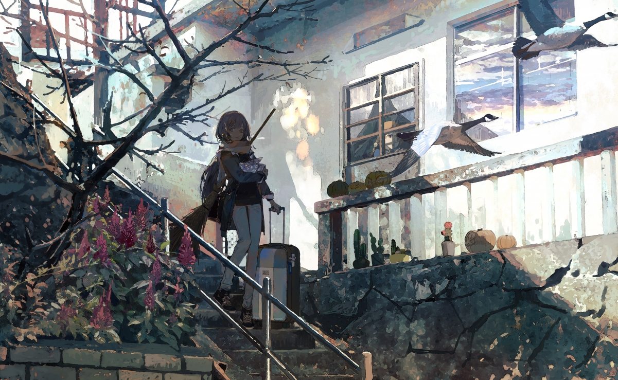 长发女孩与围巾，行李箱旁，楼梯树影间的绝美5K动漫风景壁纸，高清4K下载