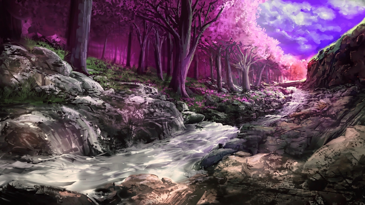 科幻森林画卷，树木小溪美景，4K高清壁纸下载（3840x2160）