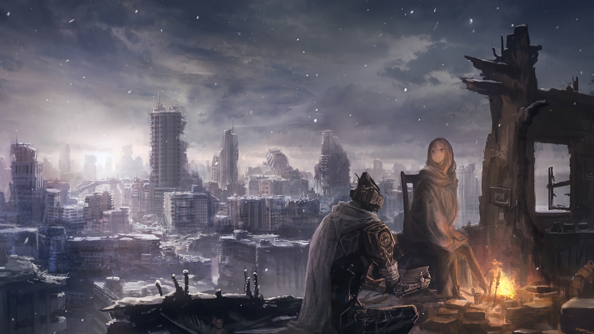雪夜城市之火，女生暖坐火堆旁，超清4K动漫壁纸下载，3840x2160高清分辨率