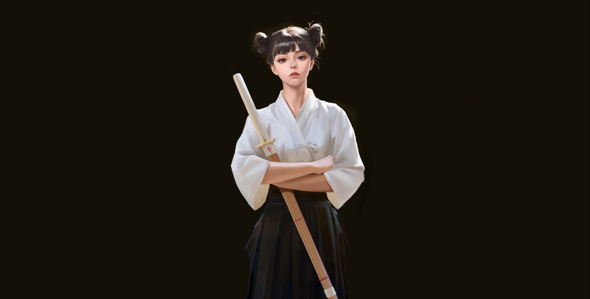 黑发少女执剑英姿，4K超清壁纸，简约黑背景，高清动漫图片下载