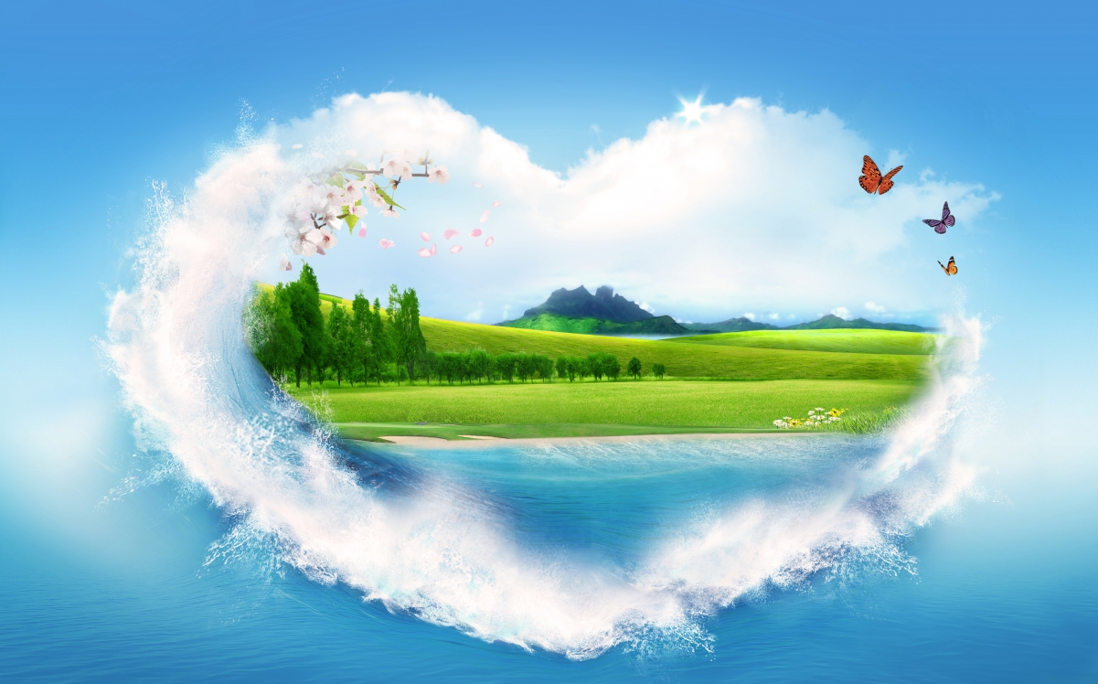 爱心山水景，蝶舞创意图，高清5K壁纸，5200x3238免费下载