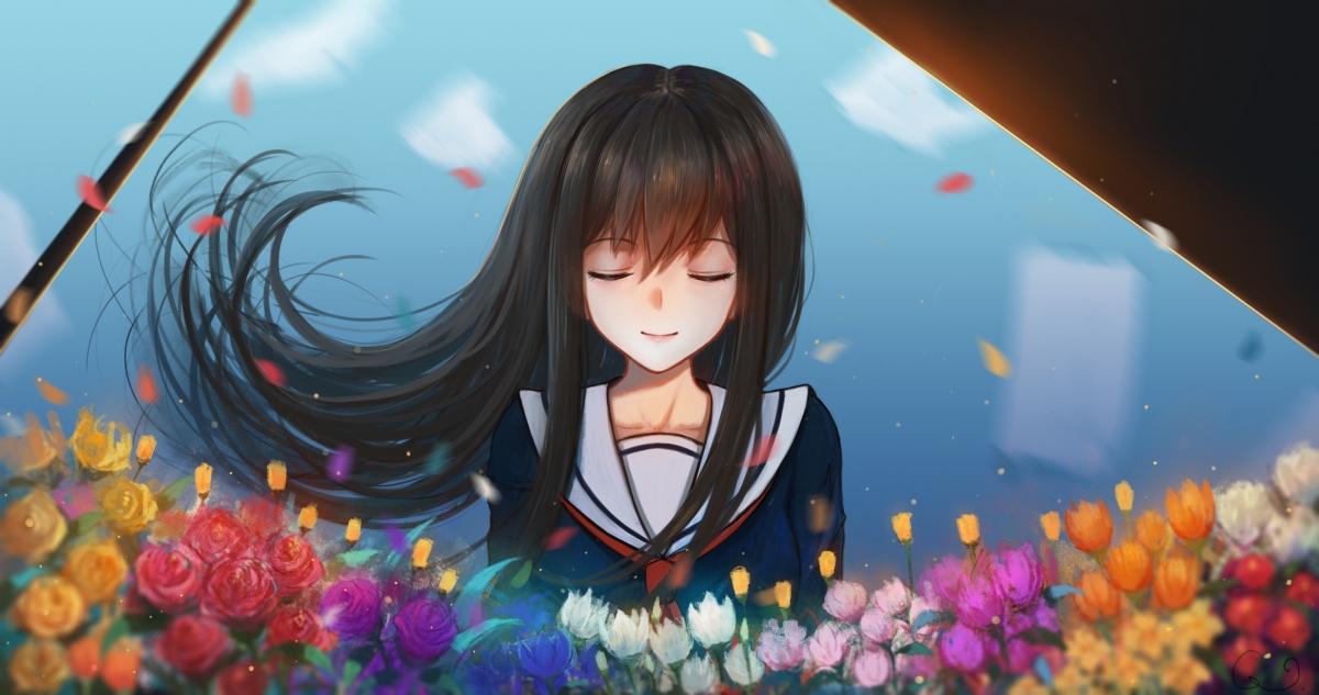 女生花卉插画，绝美4K动漫壁纸，高清4096x2160，免费下载