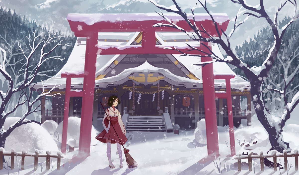 扫雪女孩与雪寺美景，动漫4K壁纸，高清3000x1753，一键下载