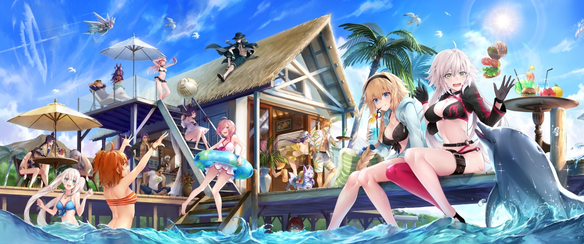 夏日贞德海滩风情，4K高清比基尼美女动漫壁纸，3440x1440分辨率，免费下载