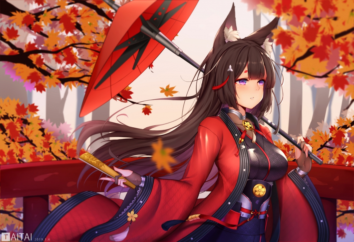 秋枫天城美景，红色制服少女碧蓝航线4K超清动漫壁纸，4000x2729高清下载