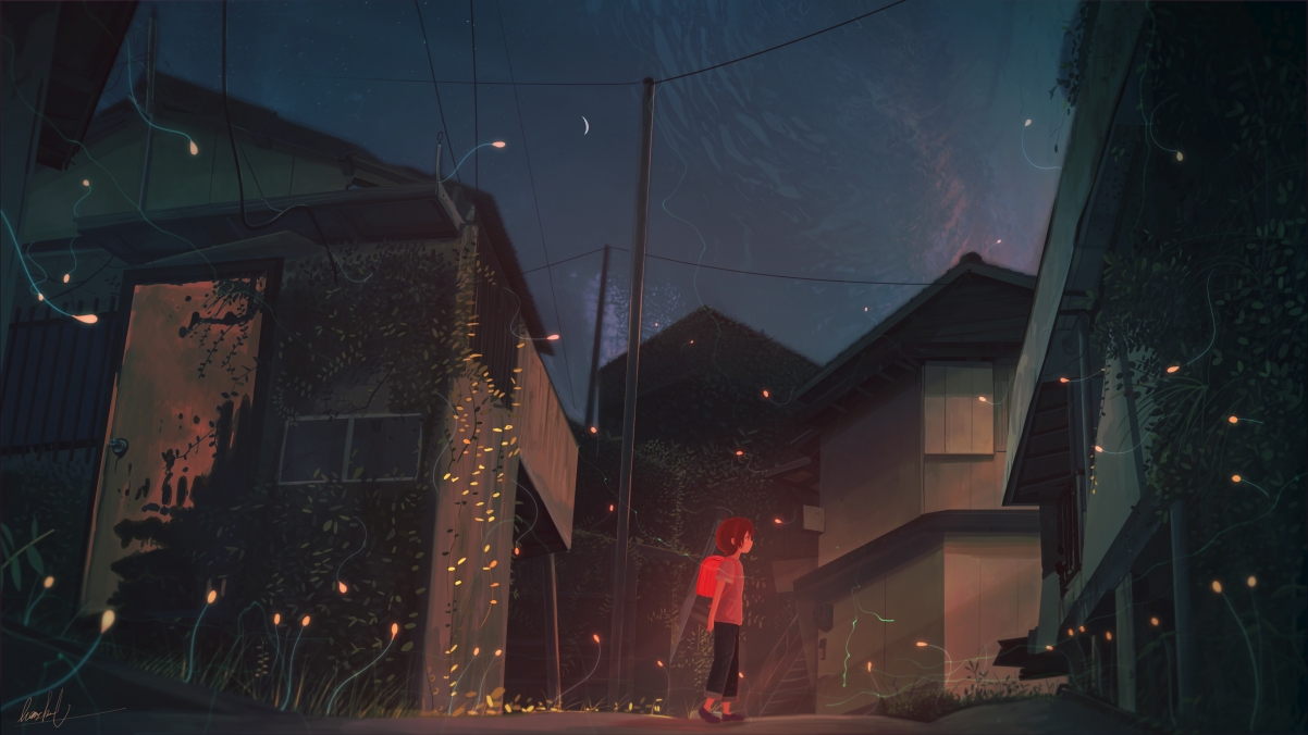 夜晚小女孩房屋，绝美4K动漫壁纸，高清3840x2161，免费下载！