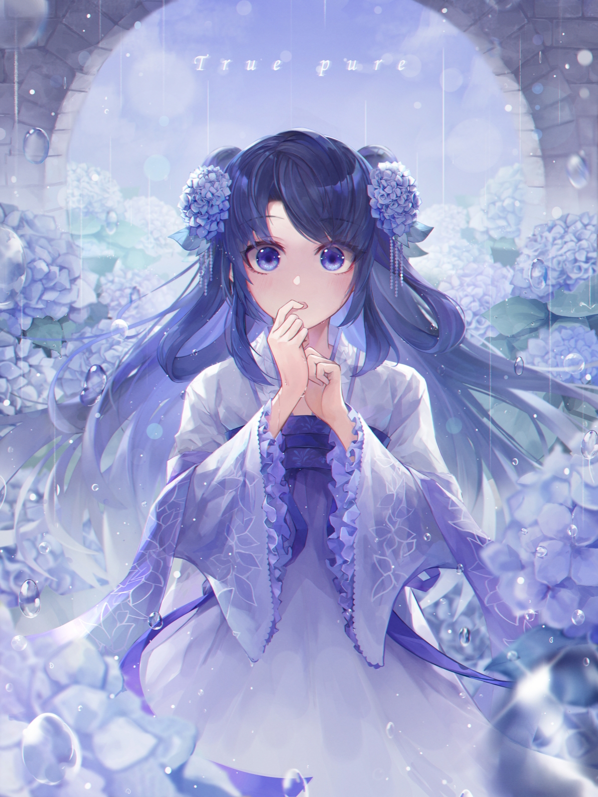 女孩汉服雨中舞，紫阳花绽放4K竖屏壁纸，3000x4000高清下载