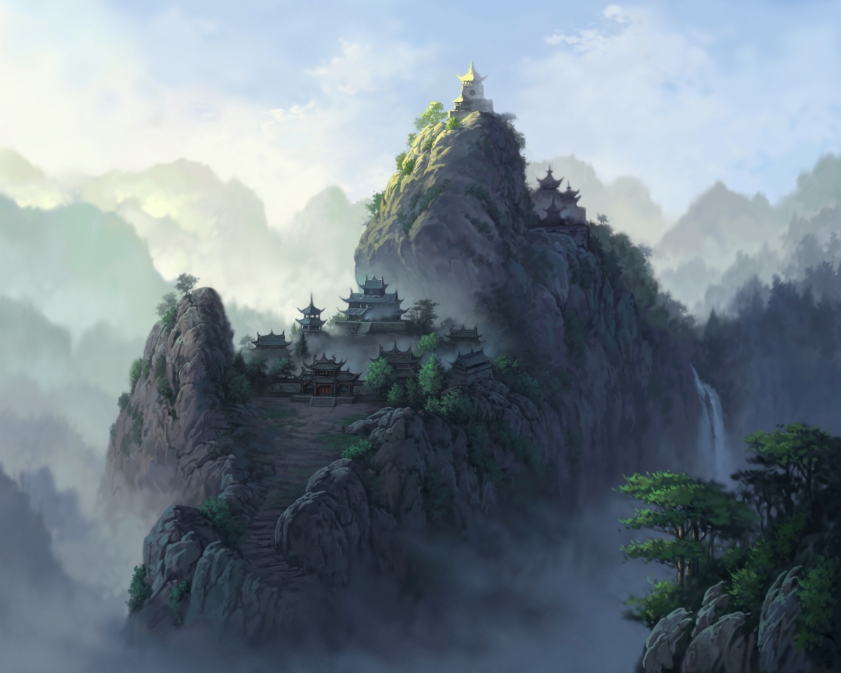 山寺塔影钟楼映，山雾缭绕流水音——4K高清风景绘画壁纸（2648x2118）免费下载