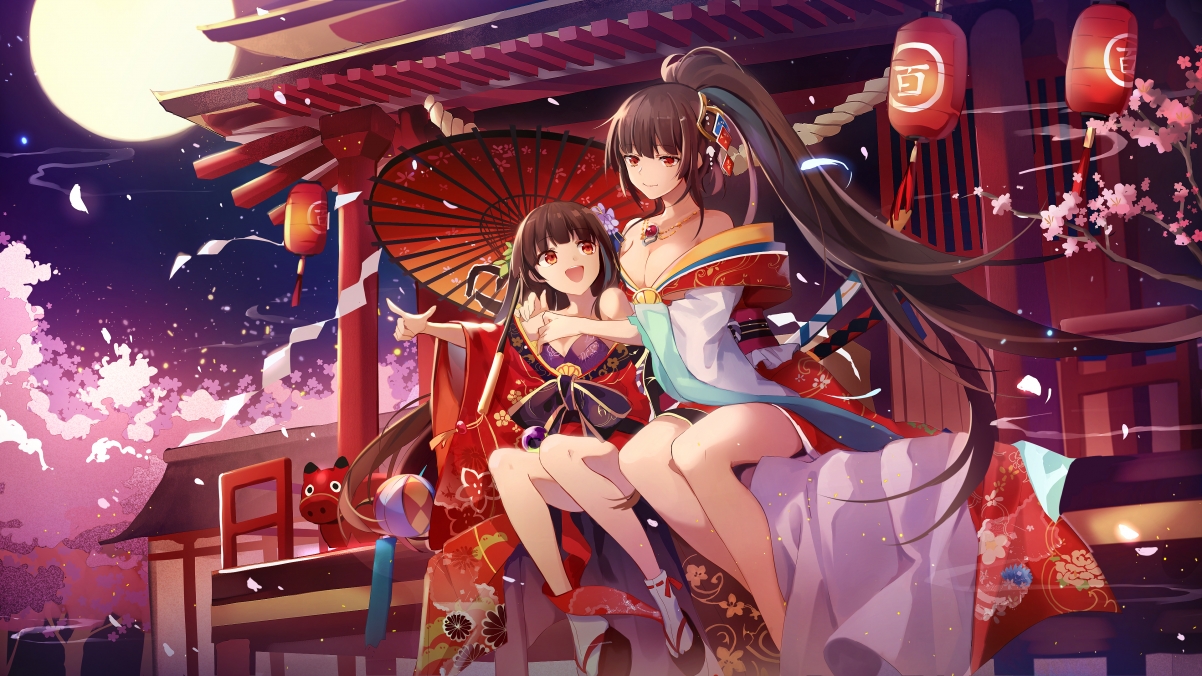 动漫姐妹，月下樱花伞舞，绝美4K壁纸，高清3840x2160下载